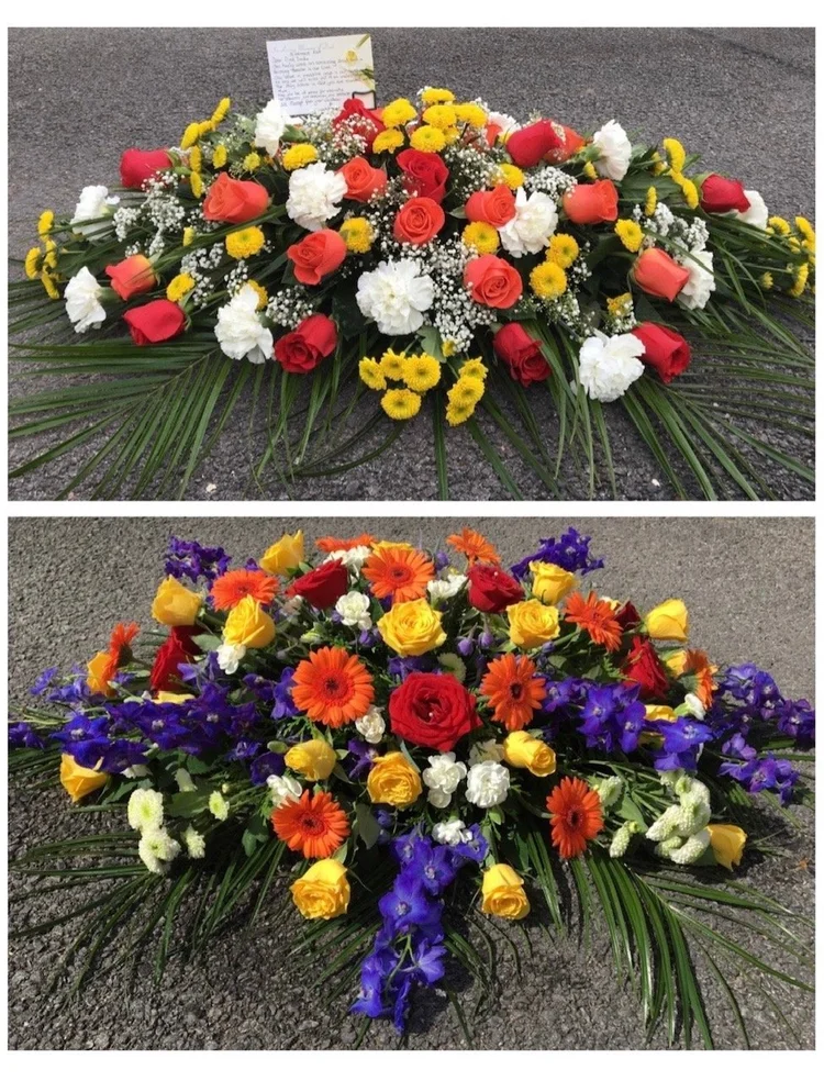 Vibrant fresh floral casket sprays and funeral flower tributes
