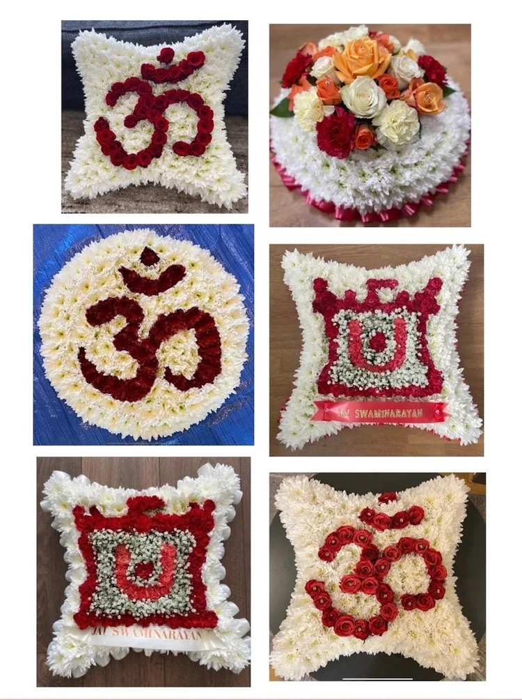 Sacred Om and Swastika Hindu religious floral tribute cushions