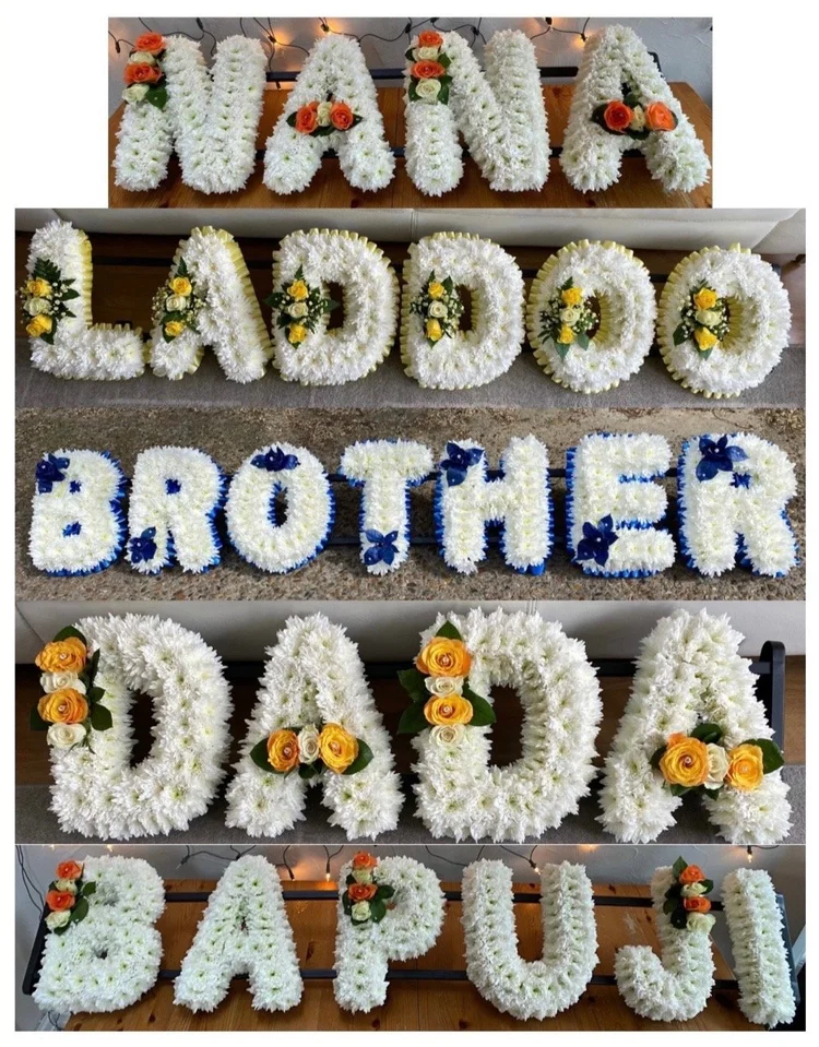 Custom personalized name letter floral tributes (LADDOO, BROTHER, DADA)