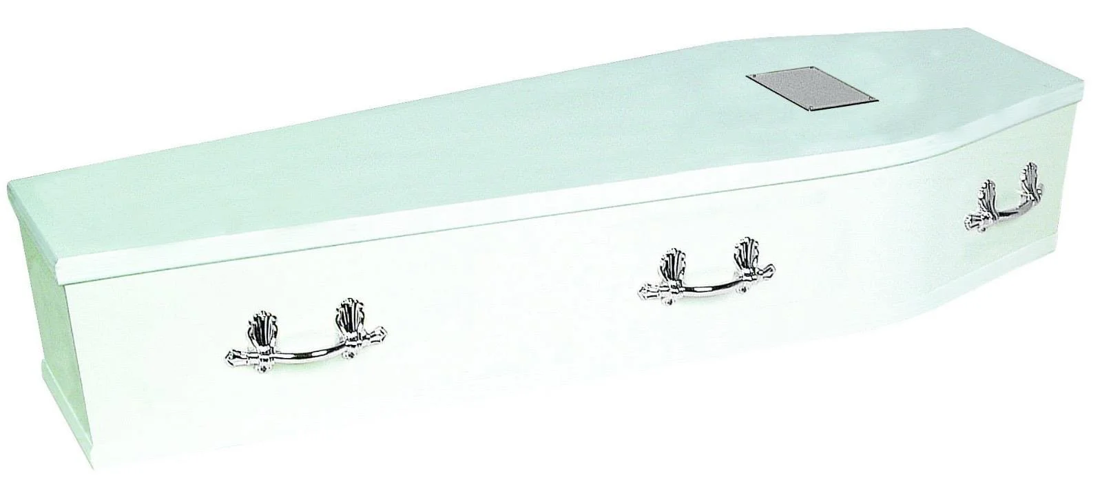 Traditional pure white coffin with elegant side handles